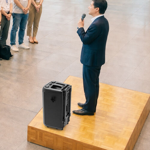 イベントスピーカー（拡声器・マイク2本・ポータブルPAスピーカー・120W・ワイヤレスマイク・バッテリー・AC電源・キャスター搭載・講演・イベント・LED搭載）