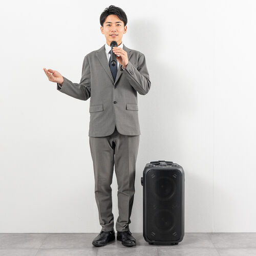 イベントスピーカー（拡声器・マイク2本・ポータブルPAスピーカー・120W・ワイヤレスマイク・バッテリー・AC電源・キャスター搭載・講演・イベント・LED搭載）