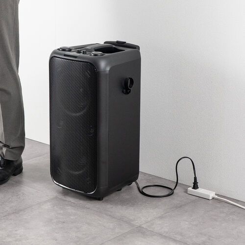 イベントスピーカー（拡声器・マイク2本・ポータブルPAスピーカー・120W・ワイヤレスマイク・バッテリー・AC電源・キャスター搭載・講演・イベント・LED搭載）