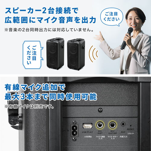 イベントスピーカー（拡声器・マイク2本・ポータブルPAスピーカー・120W・ワイヤレスマイク・バッテリー・AC電源・キャスター搭載・講演・イベント・LED搭載）