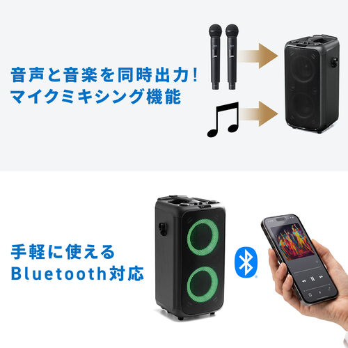 イベントスピーカー（拡声器・マイク2本・ポータブルPAスピーカー・120W・ワイヤレスマイク・バッテリー・AC電源・キャスター搭載・講演・イベント・LED搭載）