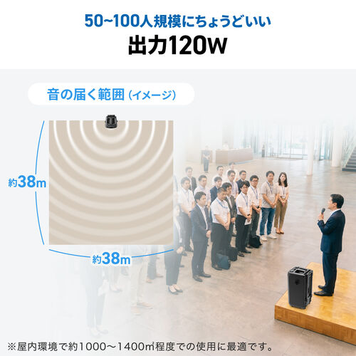 イベントスピーカー（拡声器・マイク2本・ポータブルPAスピーカー・120W・ワイヤレスマイク・バッテリー・AC電源・キャスター搭載・講演・イベント・LED搭載）
