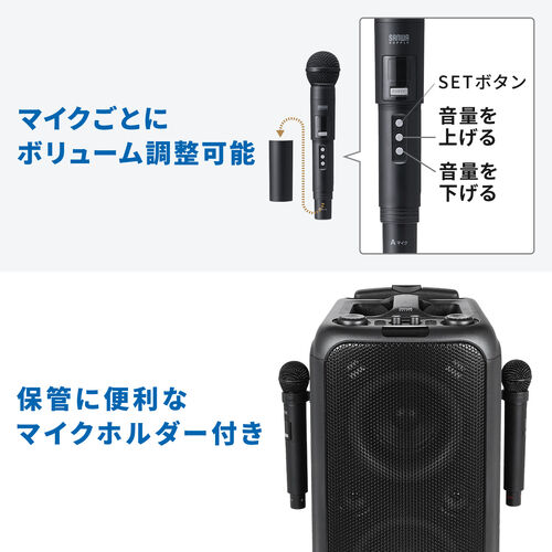 イベントスピーカー（拡声器・マイク2本・ポータブルPAスピーカー・120W・ワイヤレスマイク・バッテリー・AC電源・キャスター搭載・講演・イベント・LED搭載）