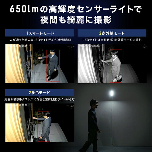 防犯カメラ（ネットワークカメラ・屋外・家庭用・ワイヤレス・IP65・センサーライト人感センサー・LED付・Wi-Fi・防犯・ペット・見守り・夜間撮影・動体検知・microSD録画）