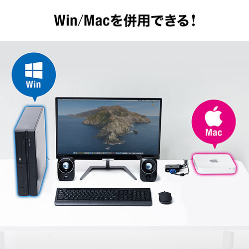 【アウトレット･訳あり・セール】パソコン切替器(2台切替・KVMスイッチ・KVM切替器・VGAディスプレイ・USBキーボード・USBマウス・スピーカー・キーボードエミュレーション機能・専用ドライバー不要・電源不要)