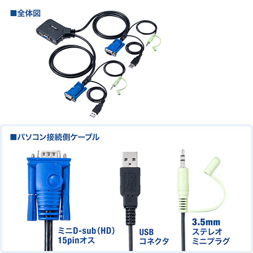 【アウトレット･訳あり・セール】パソコン切替器(2台切替・KVMスイッチ・KVM切替器・VGAディスプレイ・USBキーボード・USBマウス・スピーカー・キーボードエミュレーション機能・専用ドライバー不要・電源不要)