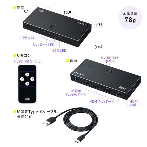 HDMI切替器（4入力1出力・リモコン操作対応・4K/60Hz・HDR対応・HDMIセレクター・テレビ・モニター・ゲーム機・パソコン用）