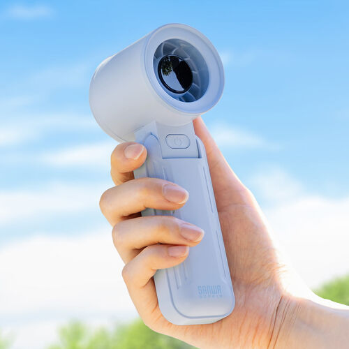 ハンディファン（強力・3WAY・手持ち・首掛け・卓上・風量5段階・USB充電式・携帯扇風機・角度調整・ストラップ付き・ディスプレイ表示・軽量・コンパクト・ブルー）