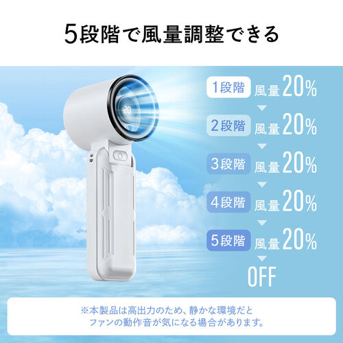 ハンディファン（強力・3WAY・手持ち・首掛け・卓上・風量5段階・USB充電式・携帯扇風機・角度調整・ストラップ付き・ディスプレイ表示・軽量・コンパクト・ブルー）