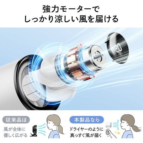 ハンディファン（強力・3WAY・手持ち・首掛け・卓上・風量5段階・USB充電式・携帯扇風機・角度調整・ストラップ付き・ディスプレイ表示・軽量・コンパクト・ホワイト）