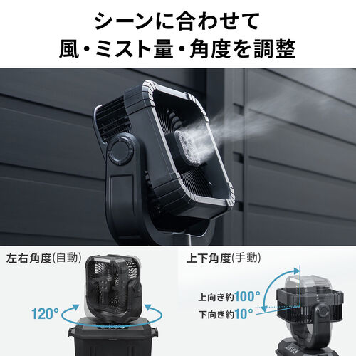 ミストファン 扇風機 10L 自動首振り コードレス USB Type-C 充電式 20000mAh キャンプ 現場 強力送風 リモコン ブラック