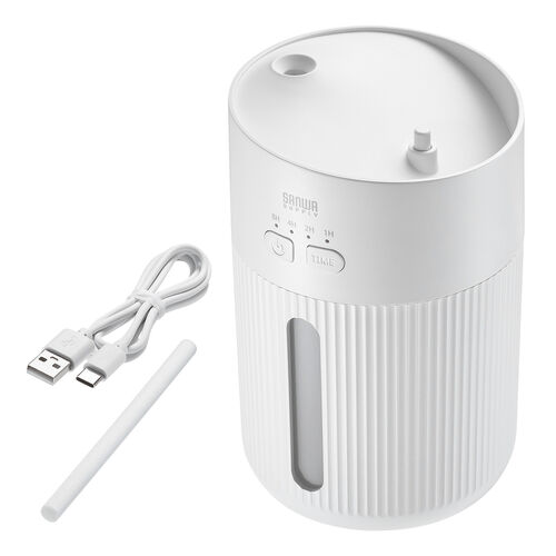 加湿器（卓上・超音波式・上部給水・バッテリー式・USB充電・400ml・水漏れ防止・タイマー付き・静音・小型・LEDライト・オフィス・寝室・上から給水・ホワイト）