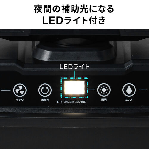 ミストファン（ノズル噴射式・扇風機・8L・自動首振り・コードレス・USB Type-C・充電式・キャスター付・キャンプ・現場・強力送風・リモコン・ブラック）