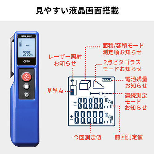 レーザー距離計（最大測定距離40m・尺単位対応・面積/体積/ピタゴラス計測対応）