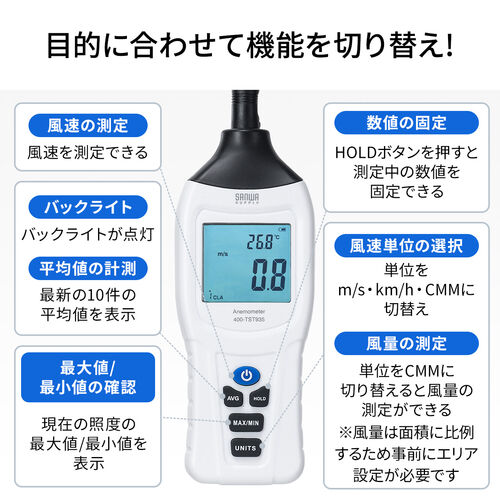 デジタル風速計（セパレート式風速センサー・気温測定・デジタル表示・バックライト機能・三脚取付け可能・9V電池式・収納ケース付・ドローン）