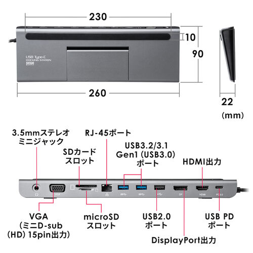 ドッキングステーション（USBハブ・Type-C・PD100W・HDMI・DisplayPort・VGA・2画面出力・有線LAN・カードリーダー）VGA017 サンワサプライ