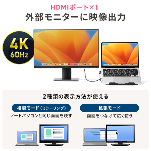 ドッキングステーション（タイプCハブ・USBハブ・Type-C・スタンド一体型・ノートパソコンスタンド対応・4K/60Hz対応・HDMI・PD100W・有線LAN） VGA019 サンワサプライ