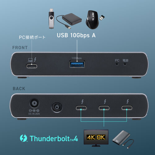 Thunderbolt4 ドッキングステーション（2画面出力・TB4×3ポート・85W・PD充電・TB4ケーブル付き・40Gbps・4K/60Hz×2画面・USB A）