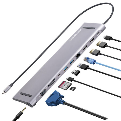 ドッキングステーション（USB-C 2画面出力・HDMI×2 + VGA・フルHD・スタンド型・PD100W・11in1・USBハブ・ケーブル一体型）