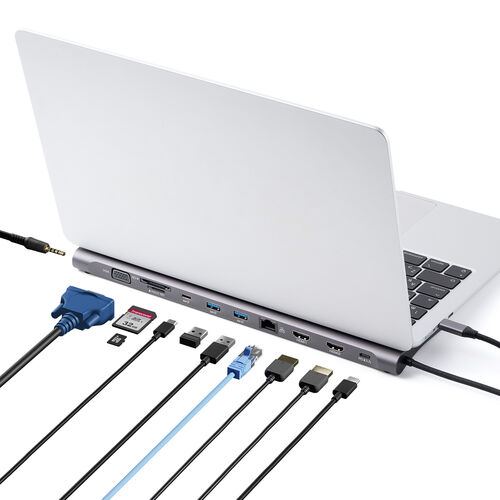 ドッキングステーション（USB-C 2画面出力・HDMI×2 + VGA・フルHD・スタンド型・PD100W・11in1・USBハブ・ケーブル一体型）