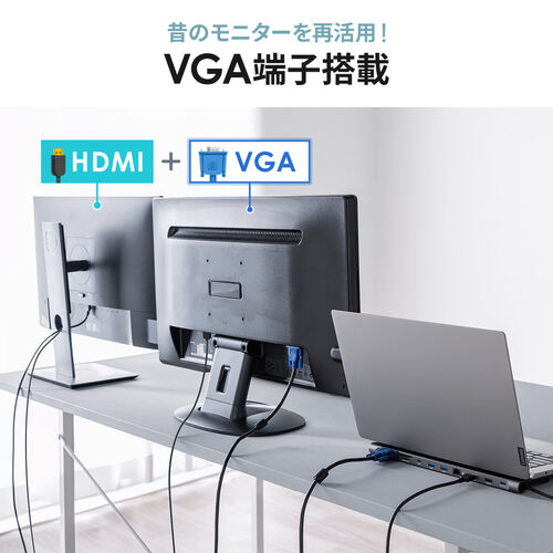ドッキングステーション（USB-C 2画面出力・HDMI×2 + VGA・フルHD・スタンド型・PD100W・11in1・USBハブ・ケーブル一体型）