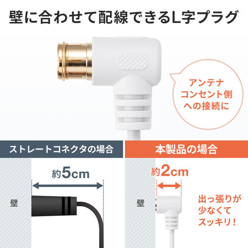 アンテナケーブル（極細・5m・4K対応・8K対応・黒色・S2.5C・片側L字・アンテナコード・ブラック）