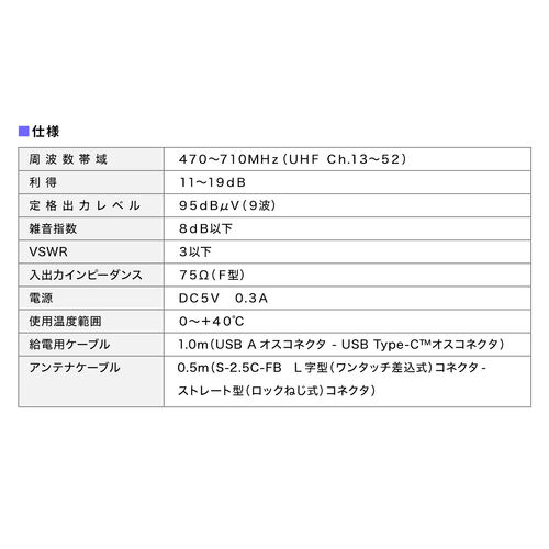 アンテナブースター（地デジ専用・USB給電・室内設置・小型・卓上型・簡単設置・アンテナケーブル付属・ノイズ改善）
