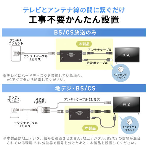 アンテナブースター（BS/CS放送専用・USB給電・利得調整機能・室内設置・小型・卓上型・簡単設置・アンテナケーブル付属・ノイズ改善）