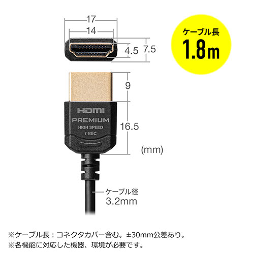 HDMIケーブル（プレミアムHDMI・スーパースリムタイプ・スリムコネクタ・ケーブル直径約3.2mm・Premium HDMI認証取得品・4K/60Hz・18Gbps・HDR対応・1.8m）