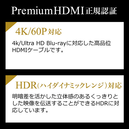 プレミアムHDMIケーブル（Premium HDMI認証取得品・4K/60ｐ・18Gbps・HDR対応・1m）