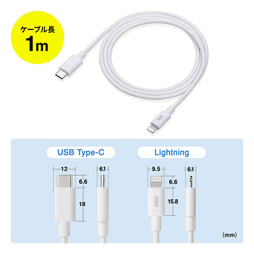 USB Type-C ライトニングケーブル（Lightningケーブル・Apple MFi認証品・USB PD・充電・同期・1m・ホワイト）