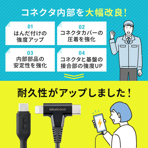 USB Type-C ライトニング 2in1ケーブル（充電・通信対応・1.2m・PD60W対応・データ転送・MFi認証品・iPad（第10世代）・iPhone14対応・ブラック）