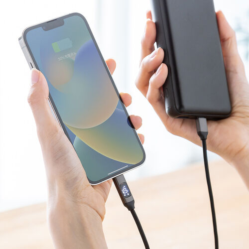 USB Type-C-Lightning ケーブル（PD電力表示機能付き・ MFi認証品・PD36W対応・1m ・やわらかシリコンケーブル・充電・データ転送・iPhone・iPad・ブラック）