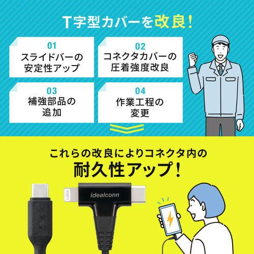 USB Type-C Lightning 2in1 USBケーブル（1.2m・USB PD60W対応・データ転送・MFi認証品・iPad（第10世代）・iPhone15/14対応・ブラック）
