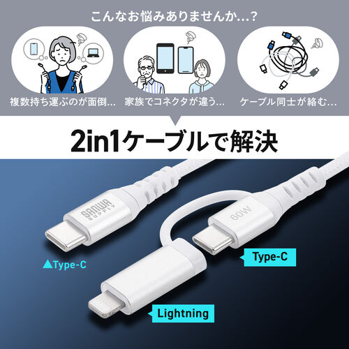 USB Type-C Lightning 2in1 USBケーブル（2m・TypeC-C・PD60W対応・MFi認証品・データ転送・iPad iPhone16・メッシュケーブル）