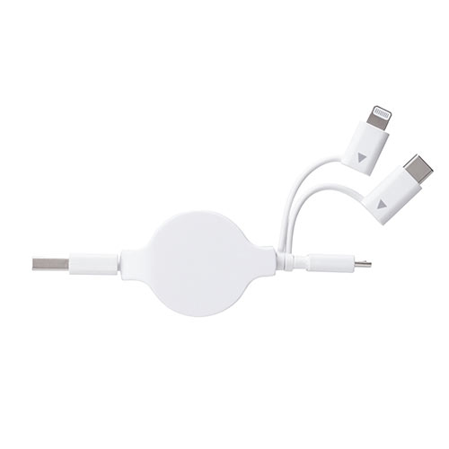 巻き取り充電ケーブル （3in1・Lightning・microUSB・Type-C対応・MFi認証品・通信・3Way・80㎝・ホワイト）
