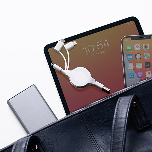 巻き取り充電ケーブル （3in1・Lightning・microUSB・Type-C対応・MFi認証品・通信・3Way・80㎝・ホワイト）