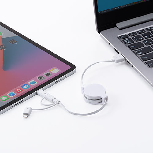 巻き取り充電ケーブル （3in1・Lightning・microUSB・Type-C対応・MFi認証品・通信・3Way・80㎝・ホワイト）