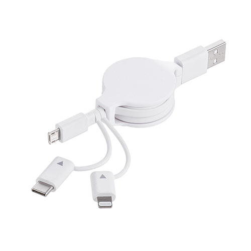 巻き取り充電ケーブル （3in1・Lightning・microUSB・Type-C対応・MFi認証品・通信・3Way・80㎝・ホワイト）
