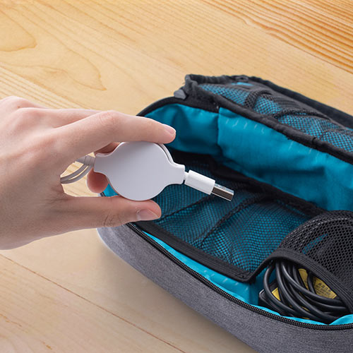 巻き取り充電ケーブル （3in1・Lightning・microUSB・Type-C対応・MFi認証品・通信・3Way・80㎝・ホワイト）