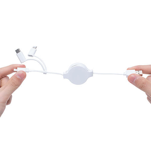巻き取り充電ケーブル （3in1・Lightning・microUSB・Type-C対応・MFi認証品・通信・3Way・80㎝・ホワイト）