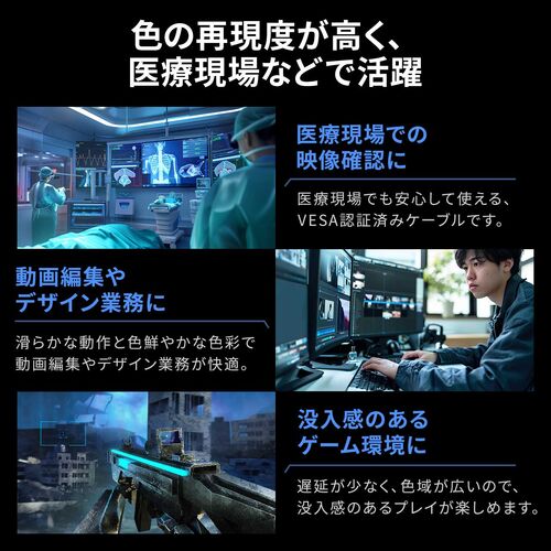 DisplayPort ケーブル（ver2.1・VESA認証取得品・80Gbps・DHDR対応・抜け止め・4K240Hz・最大16K120Hz・ゲーム・映画鑑賞・動画編集・ブラック・2m）