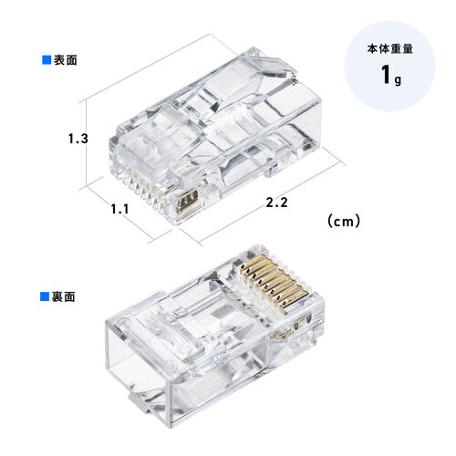 RJ-45コネクタ（CAT6A/CAT6/CAT5e兼用・への字ラッチ・ケーブル透過式・貫通型・単線・より線）