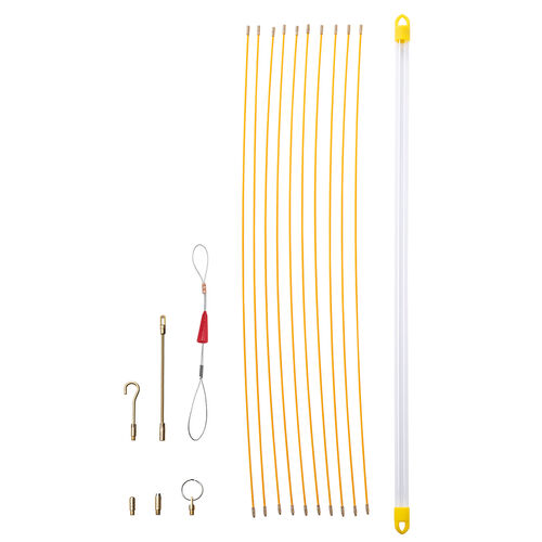 通線ワイヤー（通線ロッド・ジョイントタイプ・1m・10本セット・最大10m・ロッド径4mm・グラスファイバー製・配線通し・配線ガイド・先端アタッチメント付き・持ち運び・収納ケース付き）