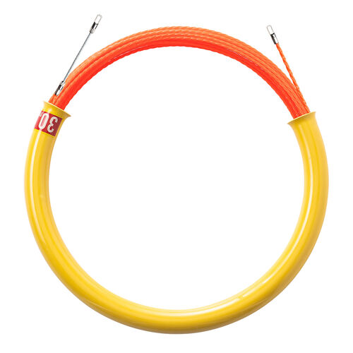 通線ワイヤー（湾曲タイプ・30m・ロッド径4.5mm・通線収納ケース付き・ポリエステルファイバー製・ガイドワイヤー付き・配線通し・配線ガイド・先端アタッチメント付き）