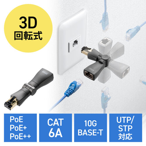 LAN中継アダプタ（回転式・3Dコネクタ・カテゴリ6A・10Gbps・PoE/PoE+/PoE++・RJ-45・UTP/STP）