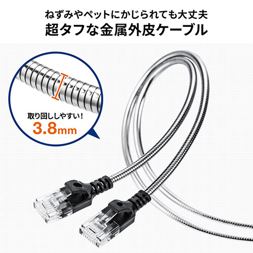 防鼠LANケーブル（CAT6A・カテゴリ6A・3m・金属製外皮・ねずみ・ペット対策・ツメ折れ防止カバー・やわらかい・シルバー）