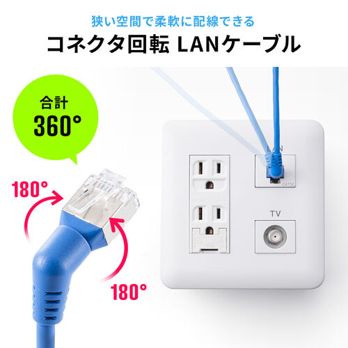 カテゴリ6A（コネクタ回転LANケーブル・1m・360°回転・L字・RJ45・コネクタ・難燃規格CM規格適合・ブルー）