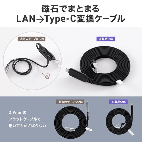 USB Type-C LAN変換ケーブル（カテゴリ6・1Gbps・ギガビット・2m・磁石でまとまる・フラットケーブル・ドライバ不要・MACアドレスパススルー対応）