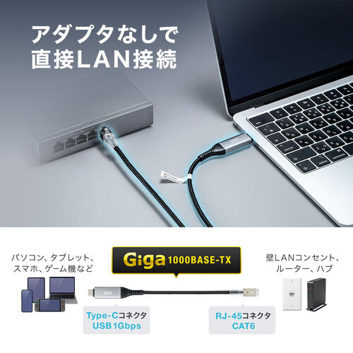 USB Type-C LAN変換ケーブル（5m・カテゴリ6・1Gbps・ギガビット・C to LAN・への字ラッチ・スリム・メッシュ・MACアドレスパススルー対応・ビデオ通話・ゲーム）